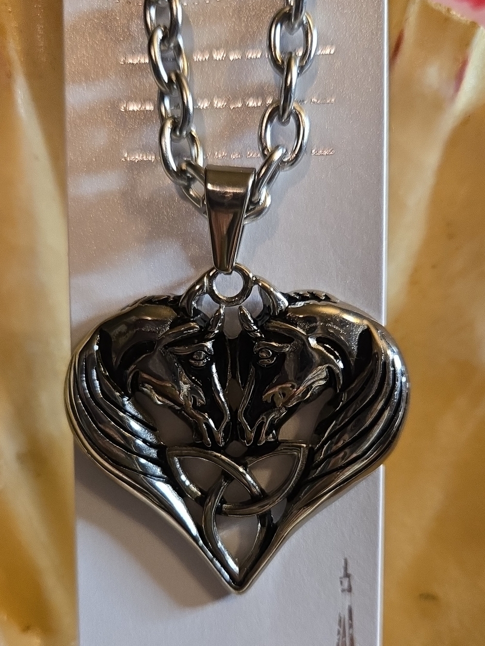 Stainless Steel Heart Pendant Necklace with Celtic Unicorn Design - Silver
